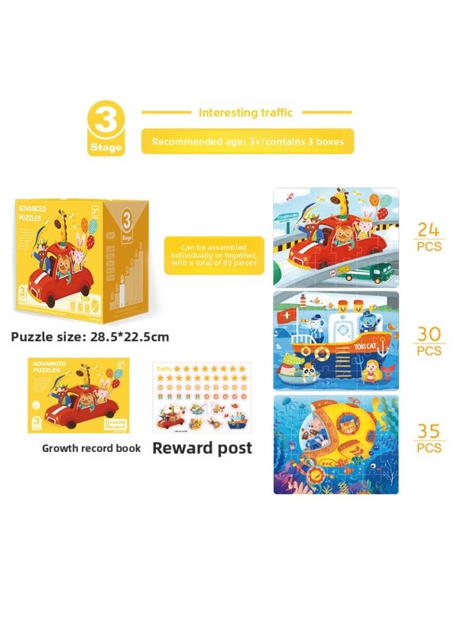 Children's Wooden 1-7-year-old Boys And Girls Educational Early Education Puzzle Puzzle Kindergarten Step-by-step Wooden Puzzle Toy-Color:Third Order: Interesting Traffic - Image 1